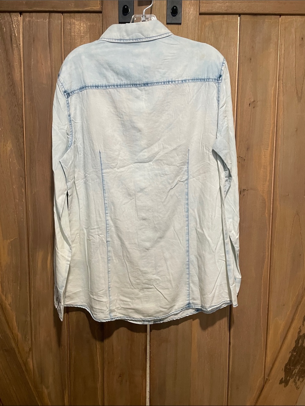 Lucky & Blessed Light Wash Denim Button-Down with Red Floral Embroidery - Picture 3 of 8